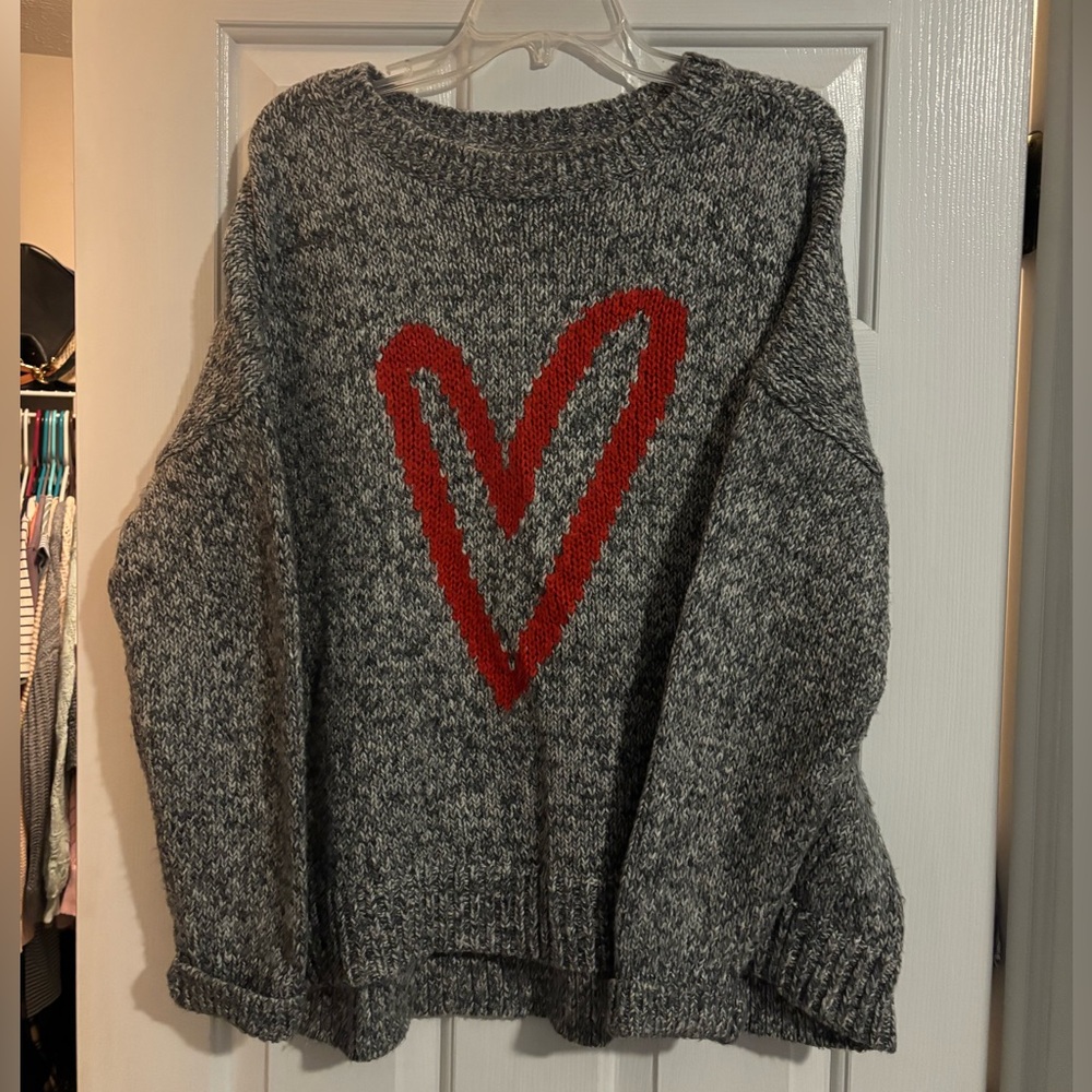 LOFT Heather Gray Sweater with Bold Red Heart